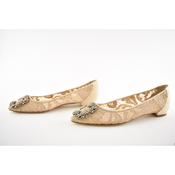 Manolo Blahnik Hangisi Flat Nude Lace Crystal Jewel Buckle Ballerina Ballet 35 - Picture 11 of 12